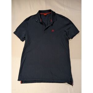 Isaia Napoli Mens L Piquet Tinto Navy Blue Polo Shirt Short Sleeve Red Accents